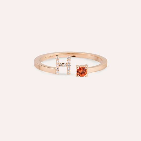 Diamond and Orange Saphhire Rose Gold H Letter Ring - 3