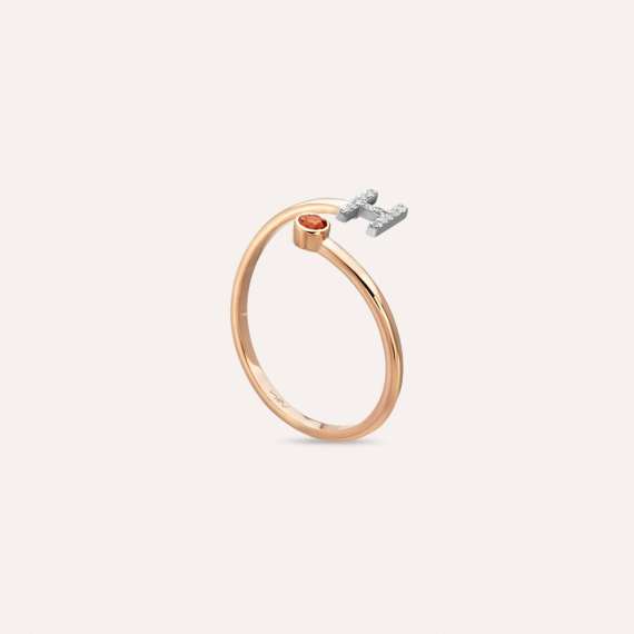 Diamond and Orange Sapphire Rose Gold H Letter Ring - 4