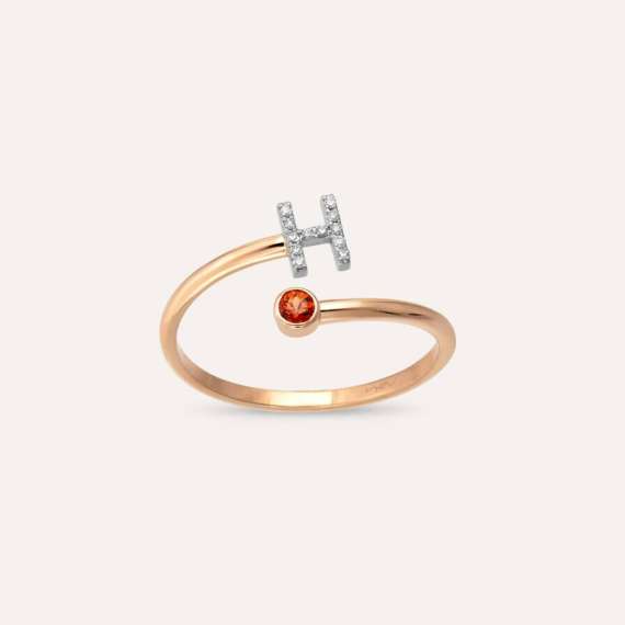 Diamond and Orange Sapphire Rose Gold H Letter Ring - 1