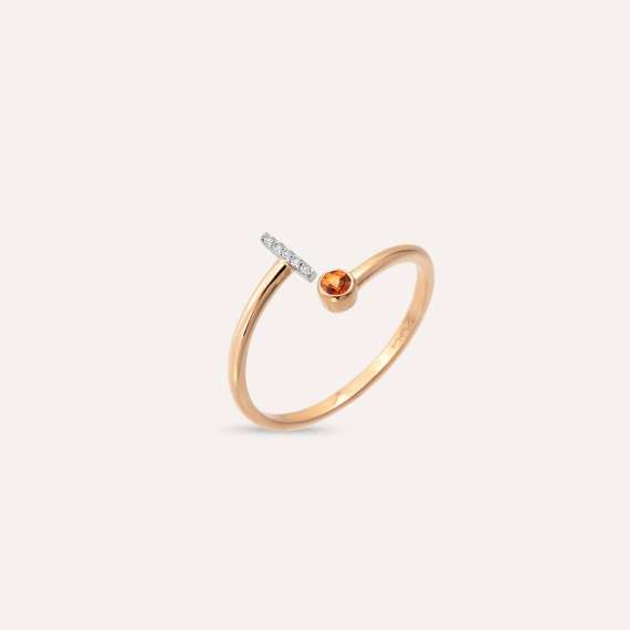 Diamond and Orange Sapphire Rose Gold I Letter Ring - 3