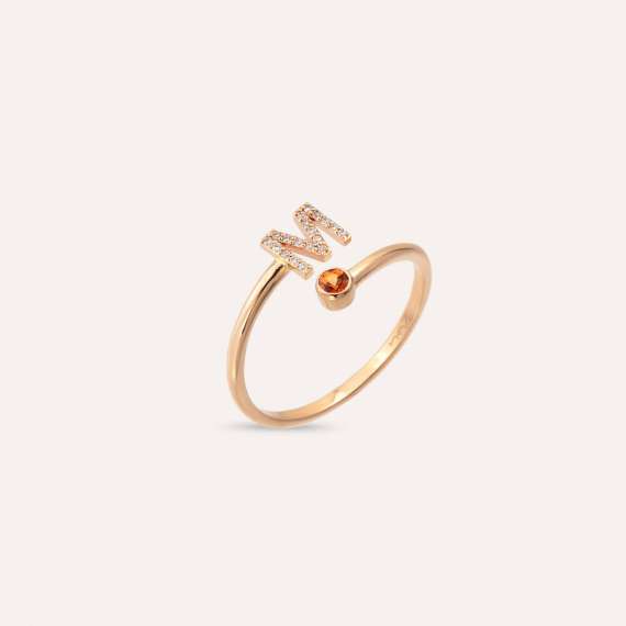 Diamond and Orange Sapphire Rose Gold M Letter Ring - 3