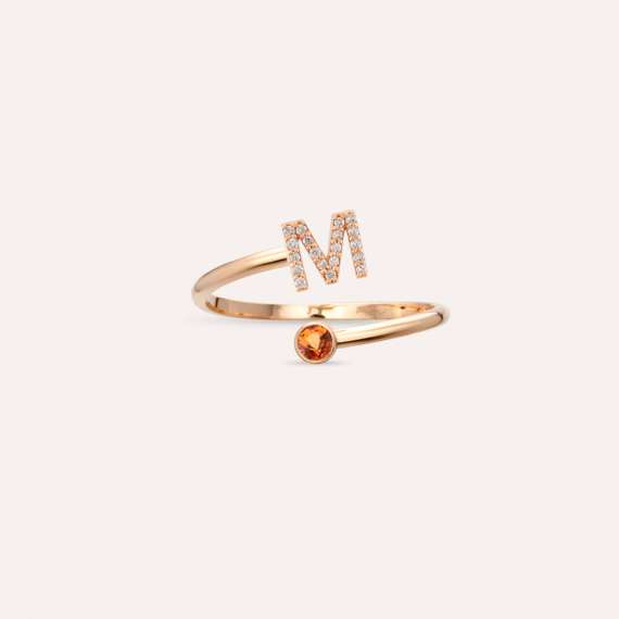 Diamond and Orange Sapphire Rose Gold M Letter Ring - 4