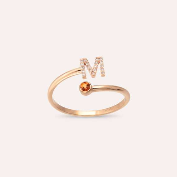 Diamond and Orange Sapphire Rose Gold M Letter Ring - 1