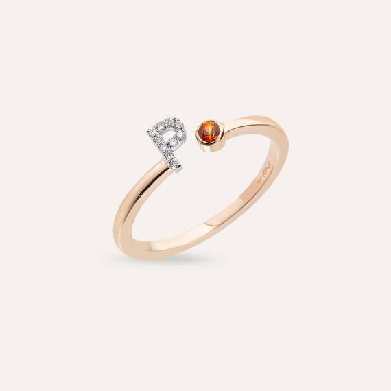 Diamond and Orange Sapphire Rose Gold P Letter Ring - 3