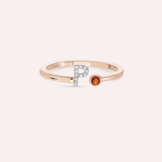 Diamond and Orange Sapphire Rose Gold P Letter Ring - 4
