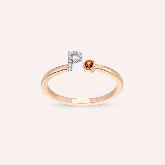 Diamond and Orange Sapphire Rose Gold P Letter Ring - 1