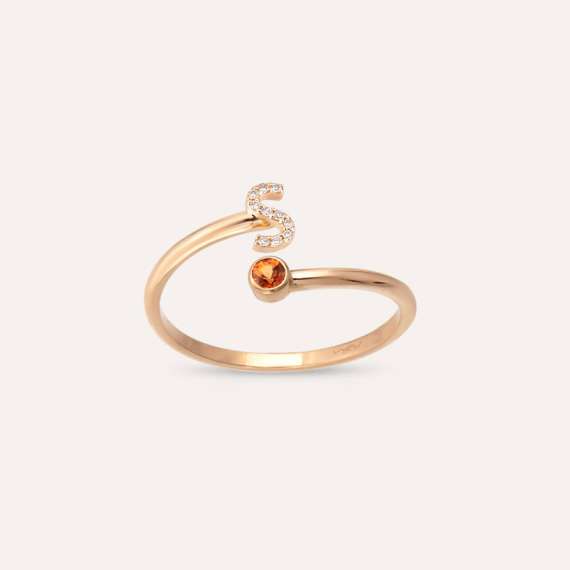 Diamond and Orange Sapphire Rose Gold S Letter Ring - 1