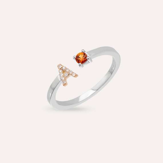 Diamond and Orange Sapphire White Gold A Letter Ring - 3