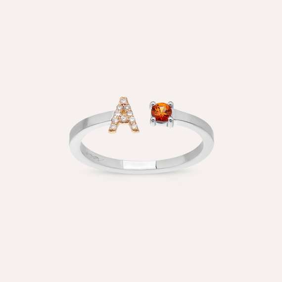 Diamond and Orange Sapphire White Gold A Letter Ring - 1