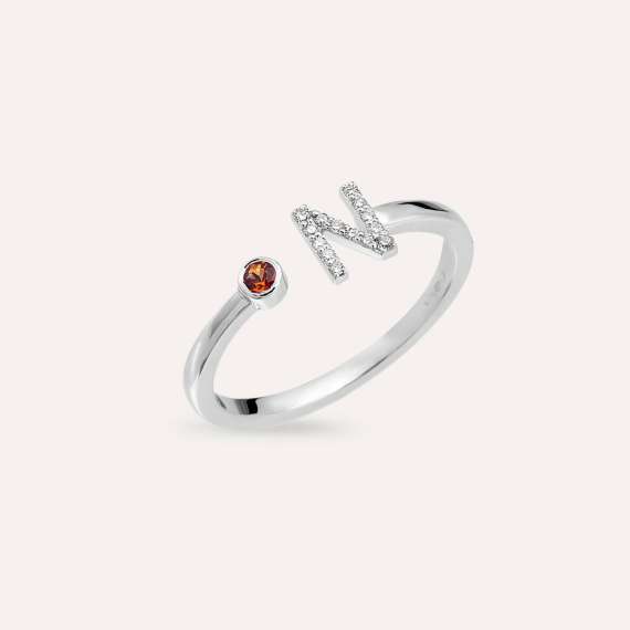 Diamond and Orange Sapphire White Gold N Letter Ring - 2