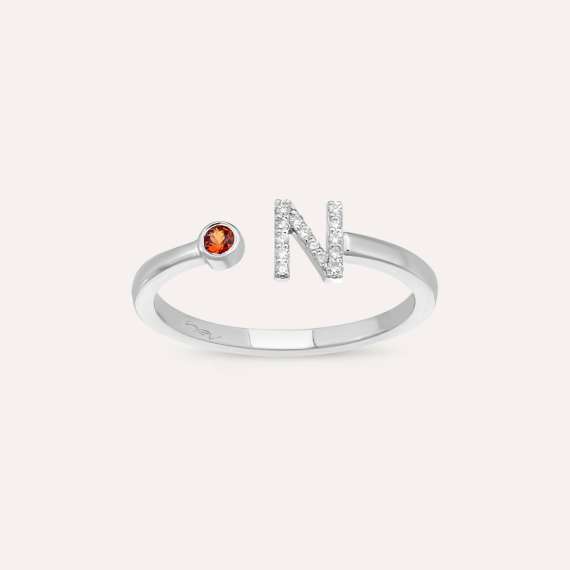 Diamond and Orange Sapphire White Gold N Letter Ring - 1