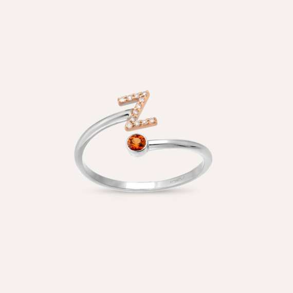 Diamond and Orange Sapphire White Gold Z Letter Ring - 1