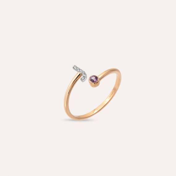 Diamond and Purple Sapphire Rose Gold J Letter Ring - 4