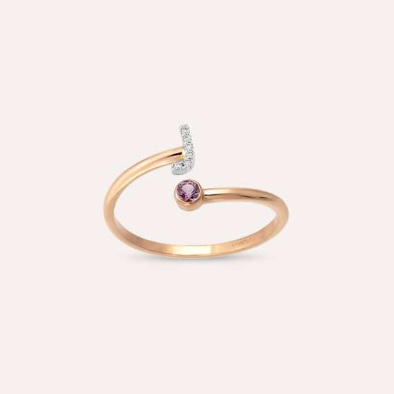 Diamond and Purple Sapphire Rose Gold J Letter Ring - 1