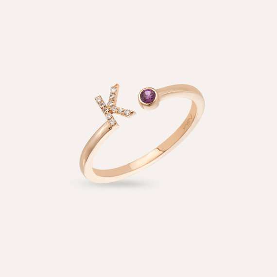 Diamond and Purple Sapphire Rose Gold K Letter Ring - 1