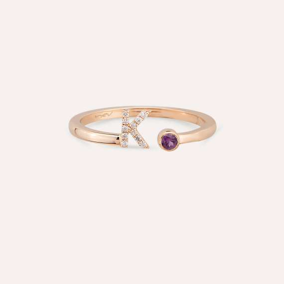 Diamond and Purple Sapphire Rose Gold K Letter Ring - 3