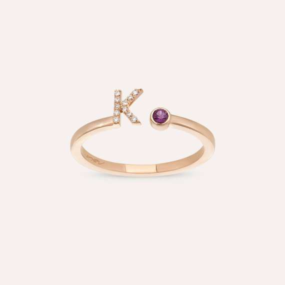 Diamond and Purple Sapphire Rose Gold K Letter Ring - 2