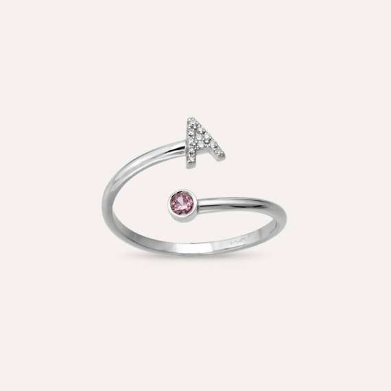 Diamond and Purple Sapphire White Gold A Letter Ring - 1