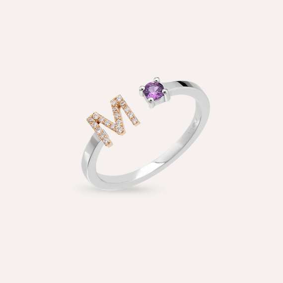 Diamond and Purple Sapphire White Gold M Letter Ring - 1
