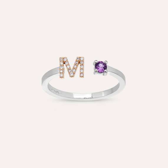 Diamond and Purple Sapphire White Gold M Letter Ring - 3