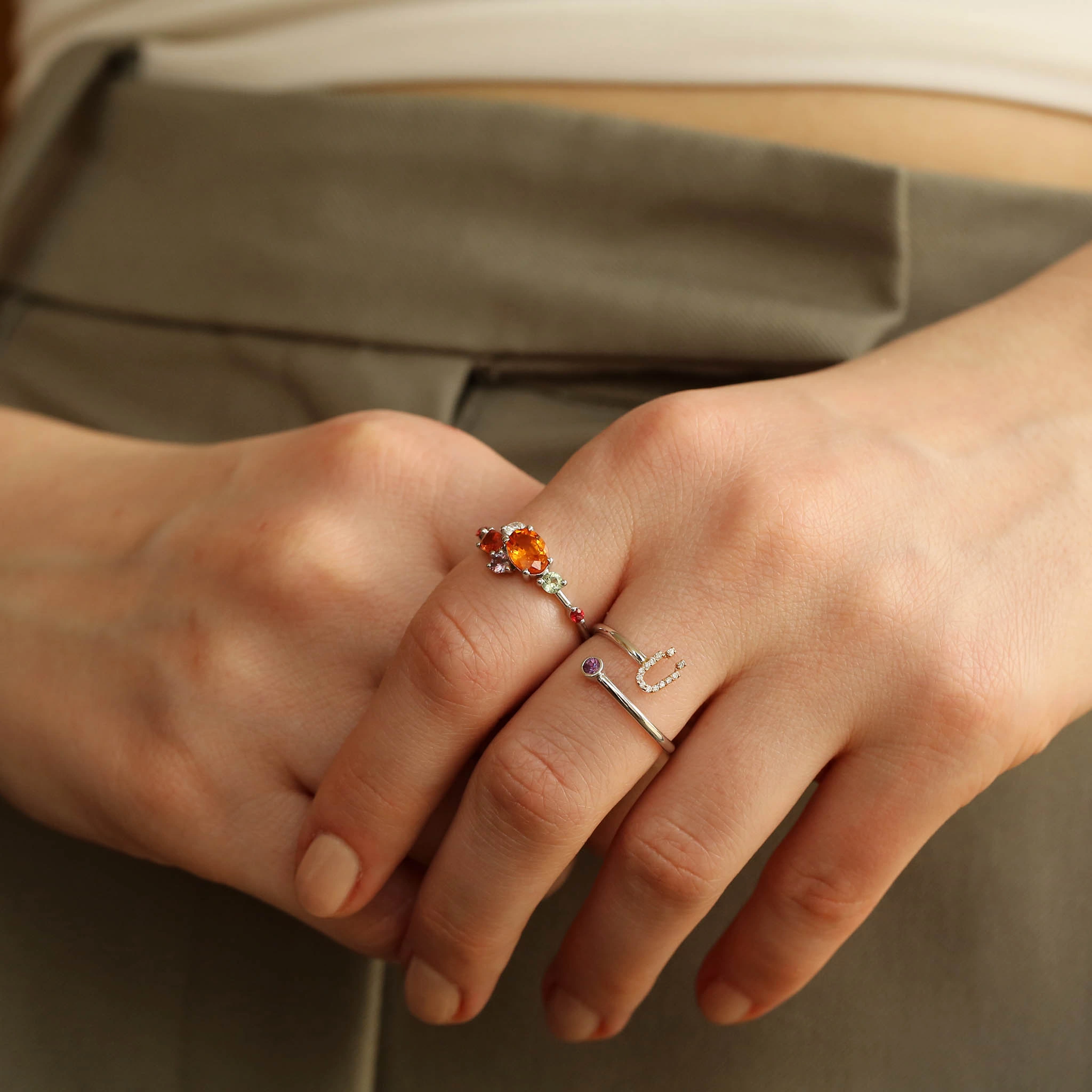 Diamond and Purple Sapphire White Gold Ü Letter Ring - 3