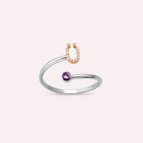 Diamond and Purple Sapphire White Gold Ü Letter Ring - 1