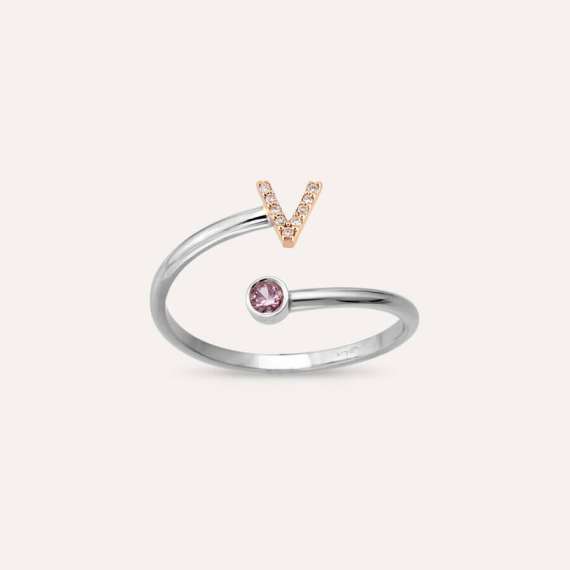 Diamond and Purple Sapphire White Gold V Letter Ring - 2