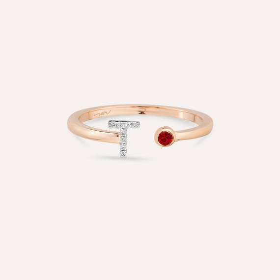 Diamond and Red Sapphire Rose Gold T Letter Ring - 3