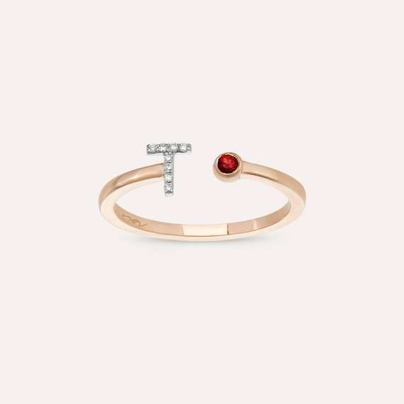 Diamond and Red Sapphire Rose Gold T Letter Ring - 1