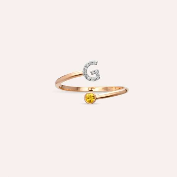 Diamond and Yellow Sapphire Rose Gold G Letter Ring - 7