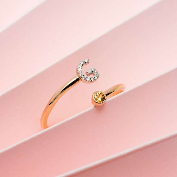 Diamond and Yellow Sapphire Rose Gold G Letter Ring - 1