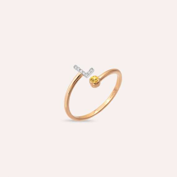 Diamond and Yellow Sapphire Rose Gold L Letter Ring - 3