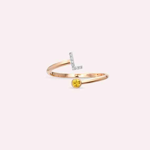 Diamond and Yellow Sapphire Rose Gold L Letter Ring - 4