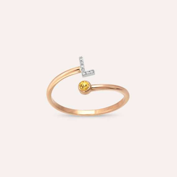 Diamond and Yellow Sapphire Rose Gold L Letter Ring - 1