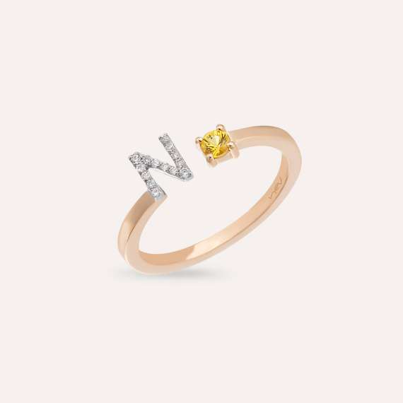 Diamond and Yellow Sapphire Rose Gold N Letter Ring - 3