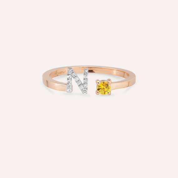 Diamond and Yellow Sapphire Rose Gold N Letter Ring - 4