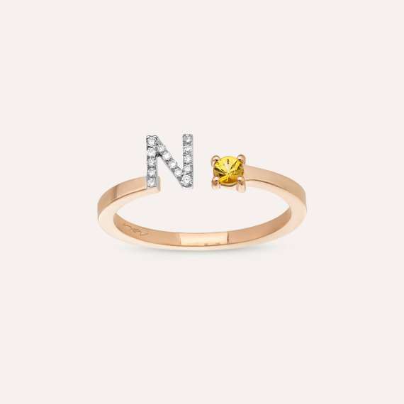 Diamond and Yellow Sapphire Rose Gold N Letter Ring - 1