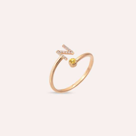 Diamond and Yellow Sapphire Rose Gold N Letter Ring - 3