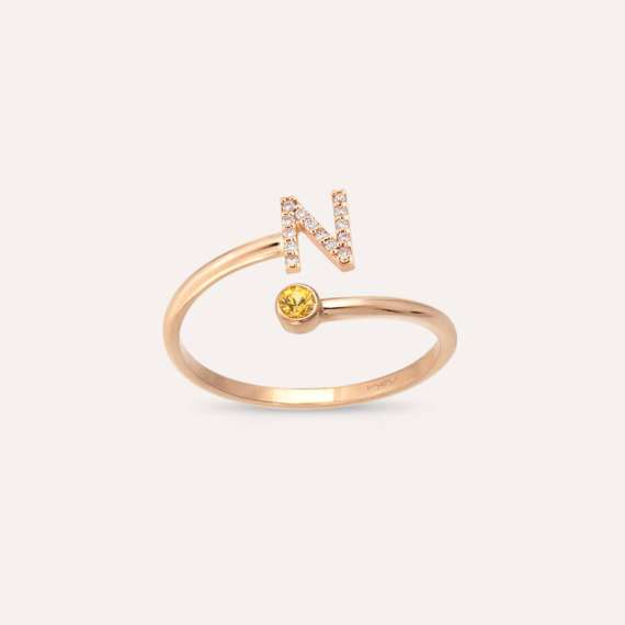 Diamond and Yellow Sapphire Rose Gold N Letter Ring - 1