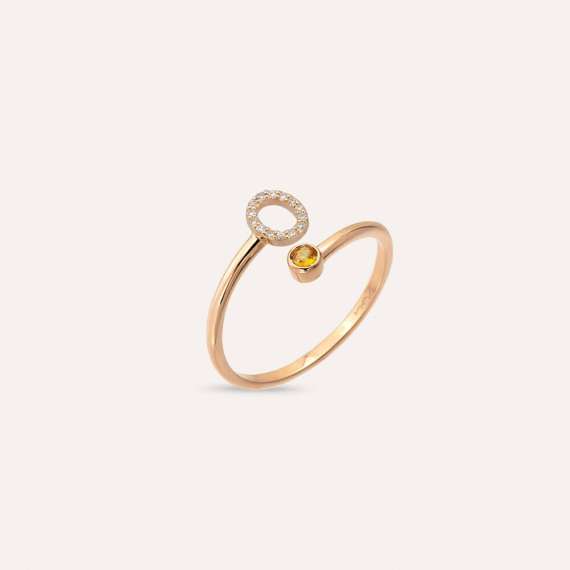 Diamond and Yellow Sapphire Rose Gold O Letter Ring - 3