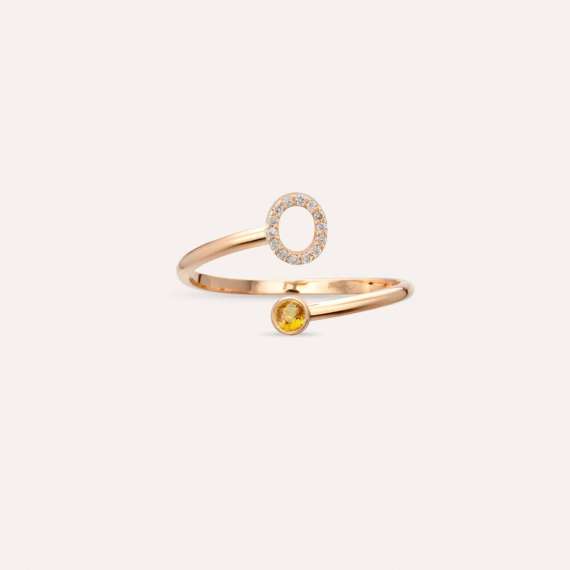 Diamond and Yellow Sapphire Rose Gold O Letter Ring - 4