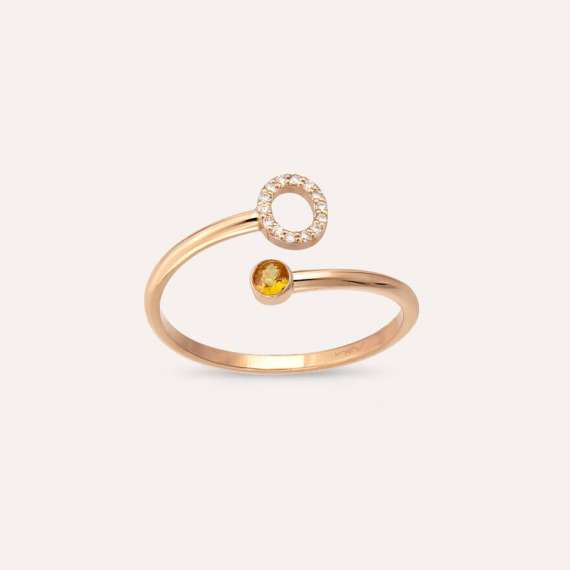 Diamond and Yellow Sapphire Rose Gold O Letter Ring - 1