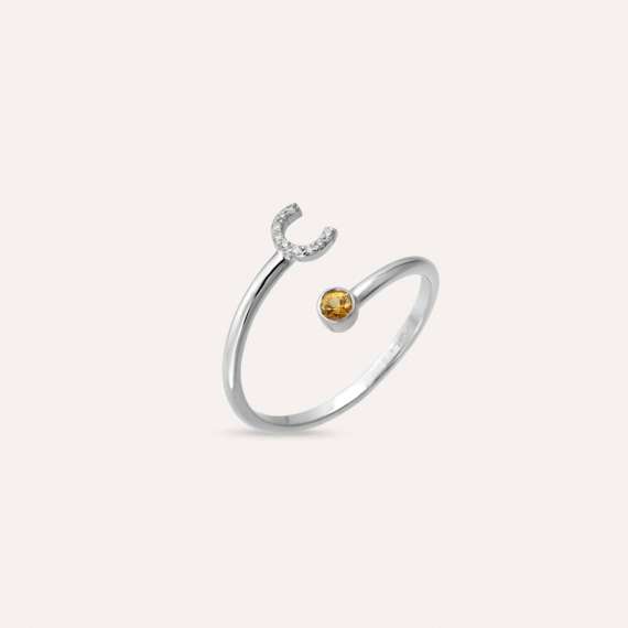Diamond and Yellow Sapphire White Gold C Letter Ring - 3