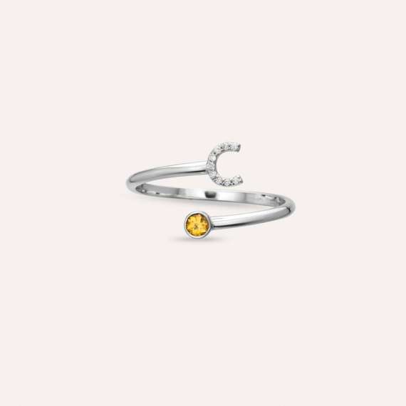 Diamond and Yellow Sapphire White Gold C Letter Ring - 5
