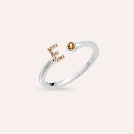 Diamond and Yellow Sapphire White Gold E Letter Ring - 4