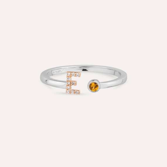 Diamond and Yellow Sapphire White Gold E Letter Ring - 5