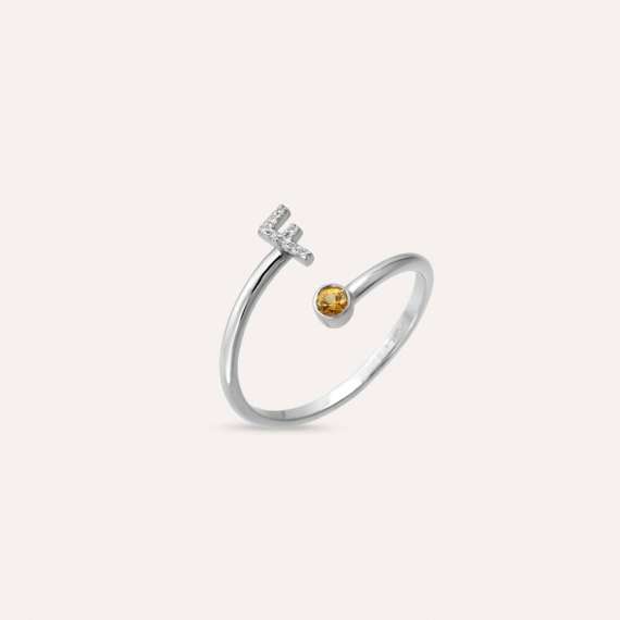 Diamond and Yellow Sapphire White Gold F Letter Ring - 3