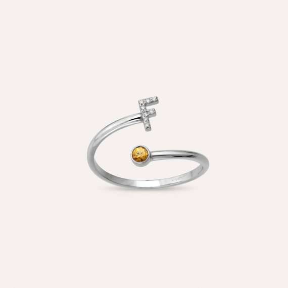 Diamond and Yellow Sapphire White Gold F Letter Ring - 1