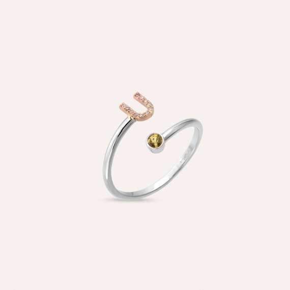 Diamond and Yellow Sapphire White Gold U Letter Ring - 3