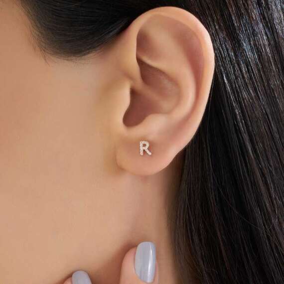 Diamond Rose Gold R Letter Mini Single Earring - 3